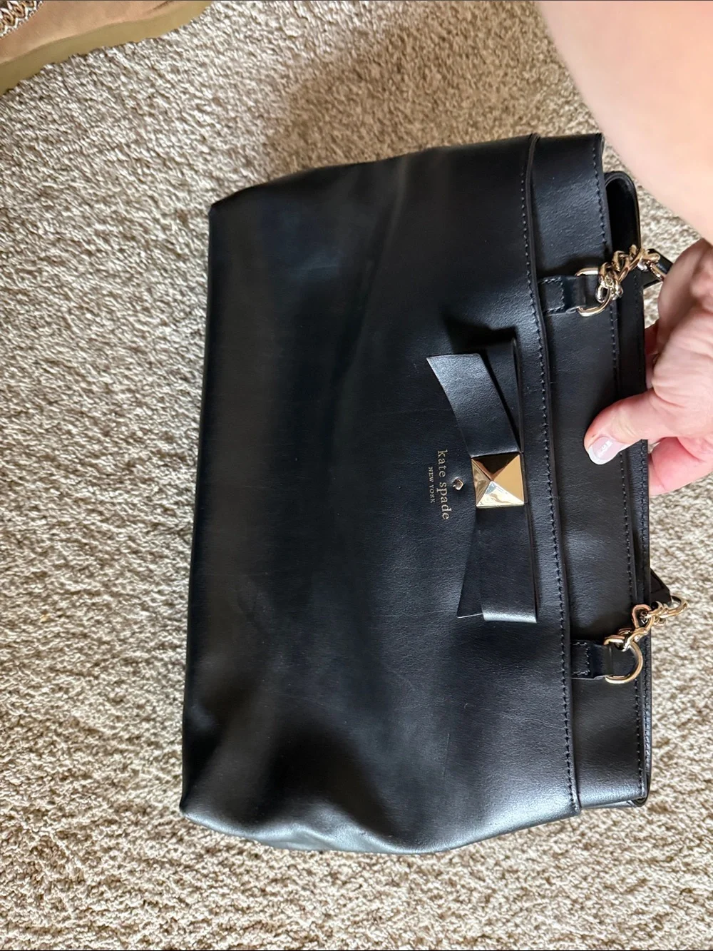 kate spade Black Leather Bow-Accent Tote with Gold Chain Straps